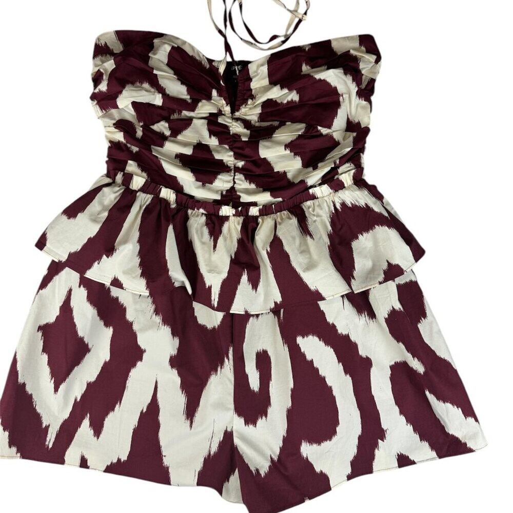 Printed Halter Neck Pleated Poplin Romper Size Large Burgundy White New W Tags